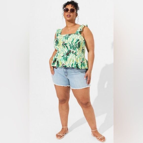 Torrid Green Tropical Floral Print Crinkle Gauze Smocked Tank Top - Picture 2 of 9